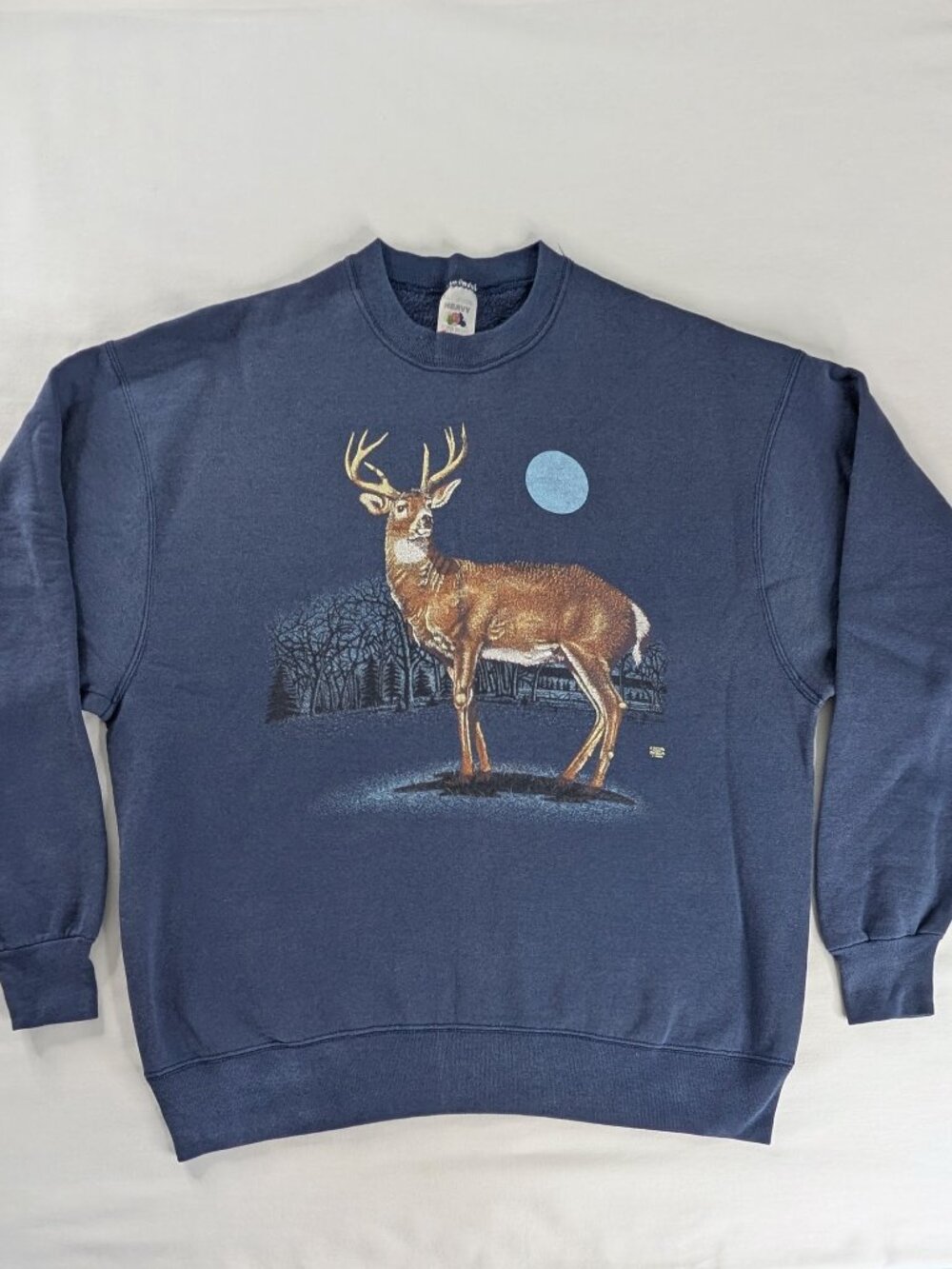VTG Blue Deer In Woods Full Moon Buck Graphic Print Crewneck Sweatshirt